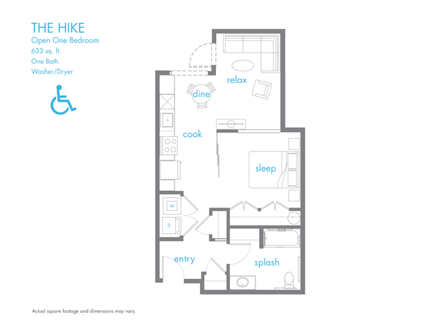 Floor plan for 1 bed, 1 bath, 633 sqft